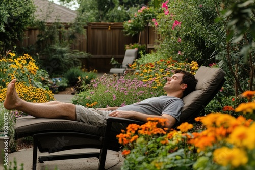 Patio Lounge Chair. Man Relaxing in Backyard Garden with Summer Plants and Flowers photo