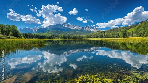 A clear lake reflecting the sky and surrounding mountains creates a sense of peace and relaxation