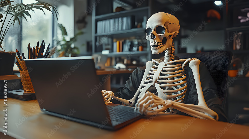 a skeleton using his laptop in the office - halloween work concept a skeleton using his laptop in the office - halloween work concept