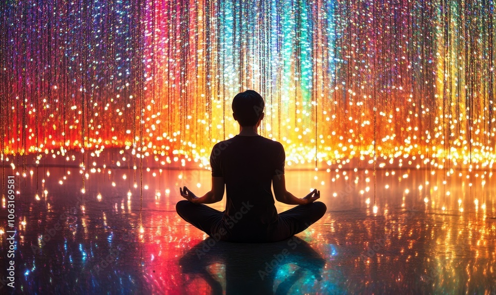 Silhouette of a person meditating in front of colorful lights. Silhouette of a person meditating in front of colorful lights.