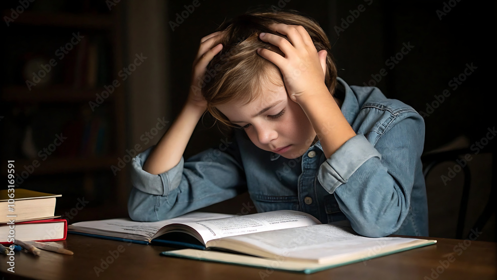 Young boy struggles with homework at night, looking frustrated and tired, suggesting academic stress and difficulty concentrating.
Young boy struggles with homework at night, looking frustrated and tired, suggesting academic stress and difficulty concentrating.