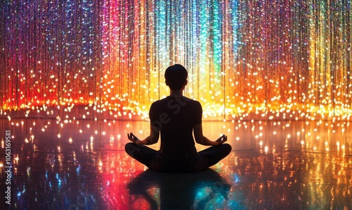 Silhouette of a person meditating in front of colorful lights.