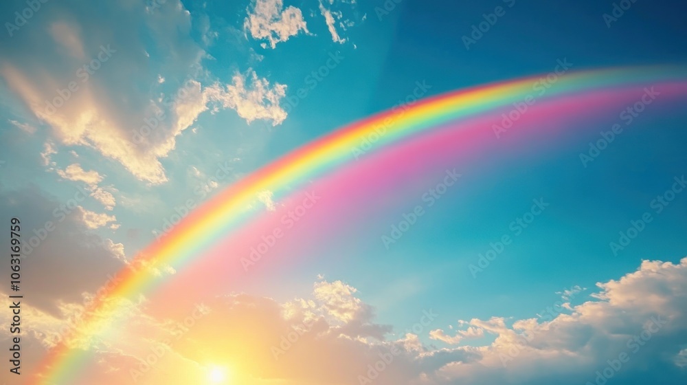 A colorful rainbow crosses the sky. After the rain, the sky becomes clear and bright. A colorful rainbow crosses the sky. After the rain, the sky becomes clear and bright.