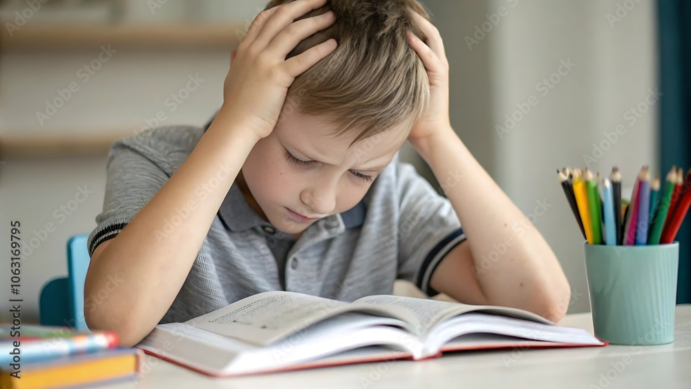 A young boy holds his head in frustration while studying at a desk with an open book and colored pencils, indicating academic stress.
A young boy holds his head in frustration while studying at a desk with an open book and colored pencils, indicating academic stress.