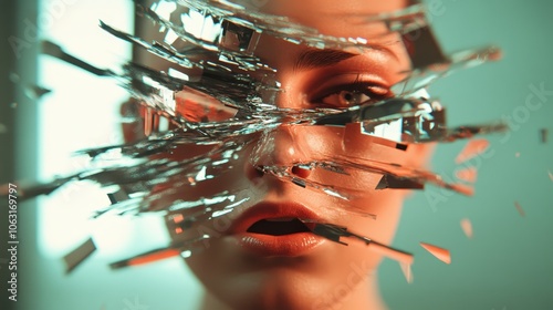 A captivating depiction of a face enmeshed in shattered glass pieces, symbolizing the intersection of fragility and intricate human emotions in an artistic style. photo