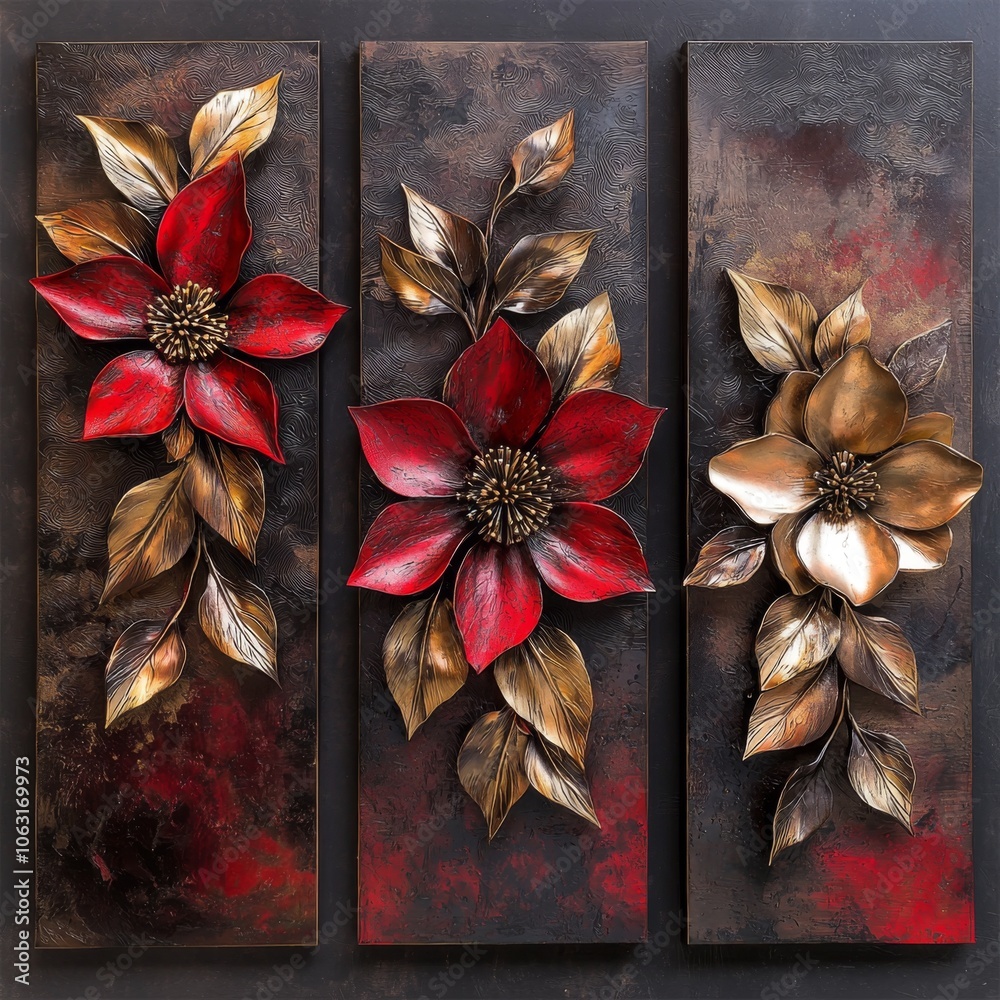 A set of three luxurious 3D floral wall art panels in red and gold, featuring highly detailed flowers with a metallic sheen A set of three luxurious 3D floral wall art panels in red and gold, featuring highly detailed flowers with a metallic sheen