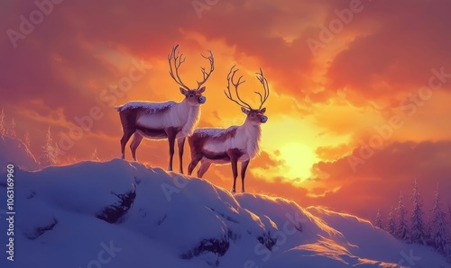 Two reindeer stand on snowy mountain peak at sunset.