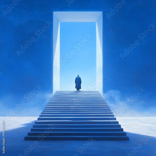 A figure ascends stairs towards a bright doorway in a serene blue landscape during daylight