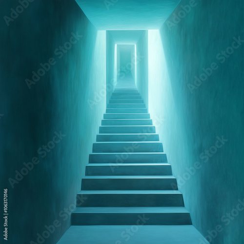 A bright stairway leads upward in a modern, minimalistic interior space during daylight hours