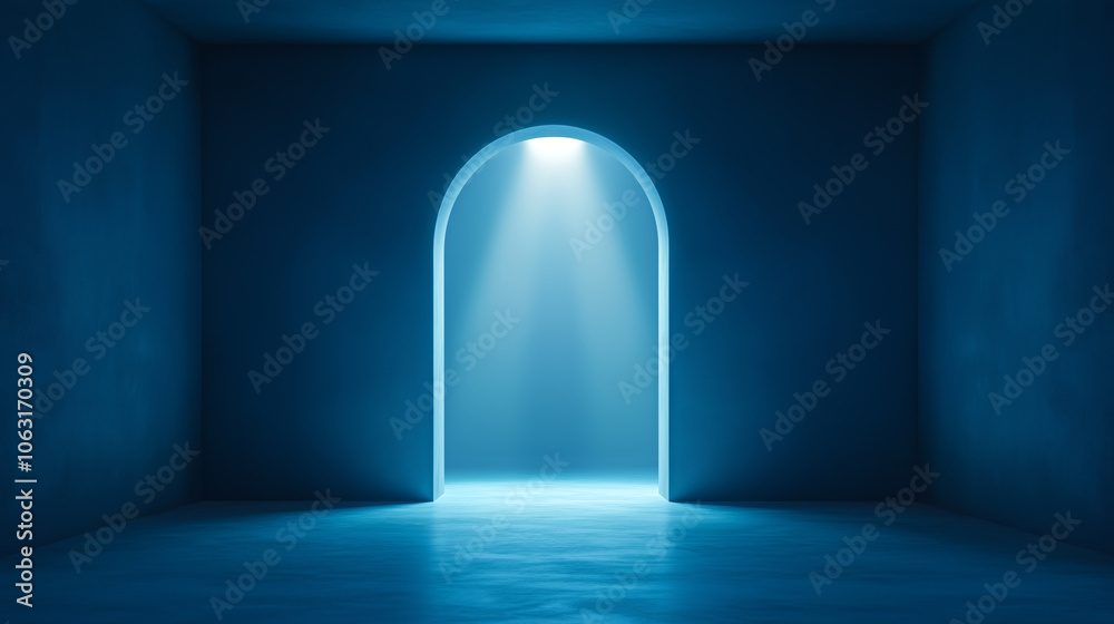 A mysterious blue-lit doorway in a dimly lit room creates an aura of intrigue and curiosity A mysterious blue-lit doorway in a dimly lit room creates an aura of intrigue and curiosity