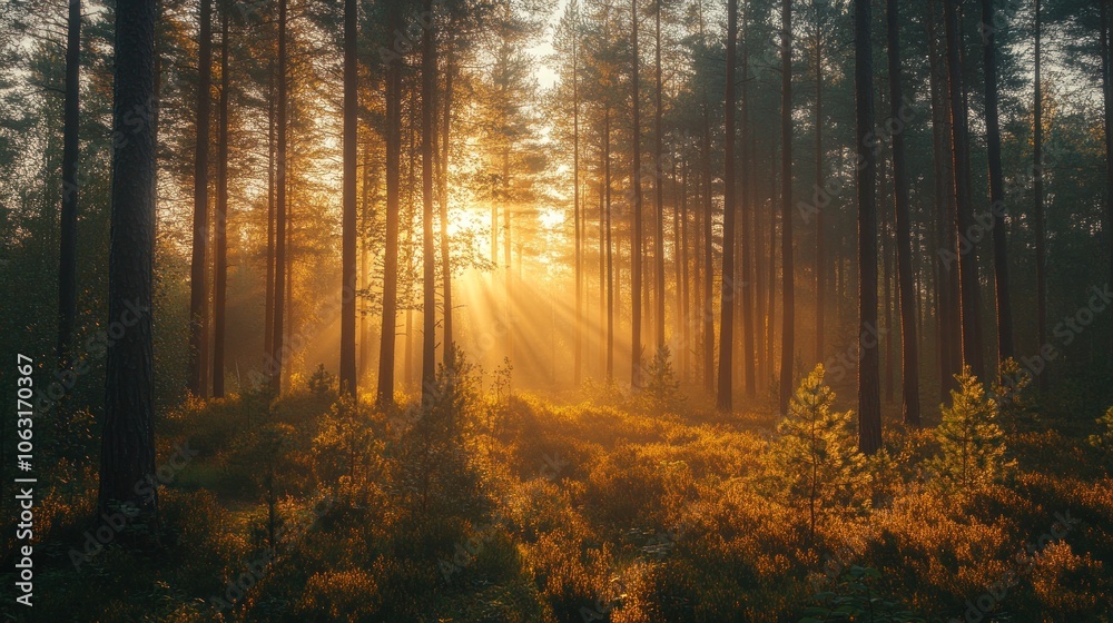 Fototapeta premium A dense pine forest full of tall trees, sunlight through the branches, creating a peaceful atmosphere