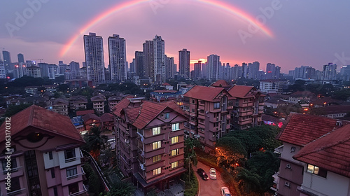 Amazing bright rainbow in beautiful evening blue cloudy sky after rain and thunderstorm