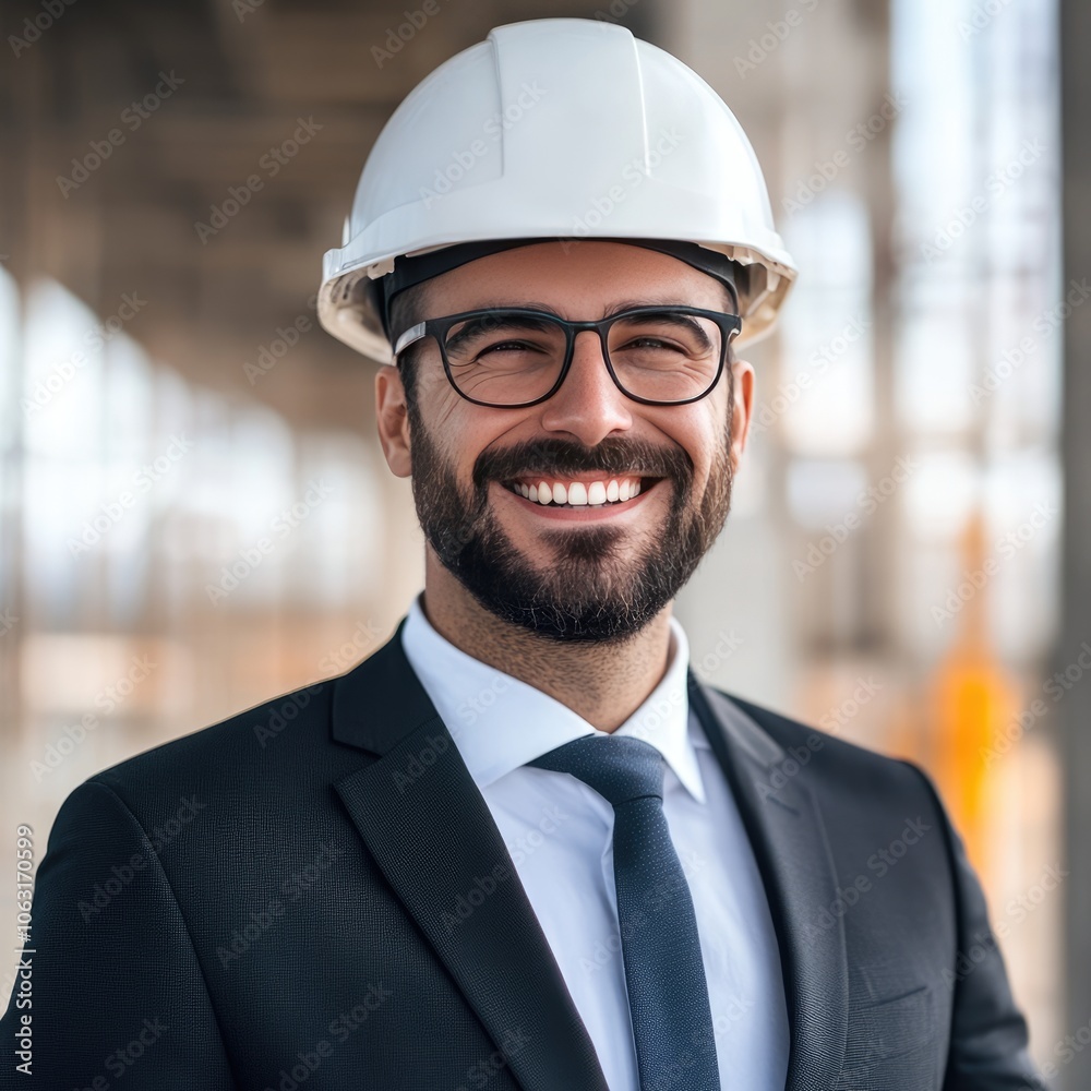 Confident engineer in a suit and hard hat, smiling on site Confident engineer in a suit and hard hat, smiling on site