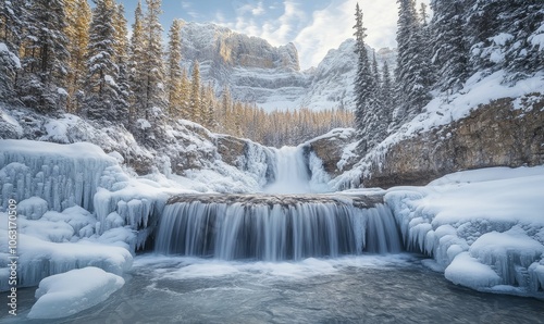 Frozen waterfall in snowy mountains.