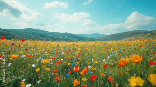 A field of vibrant wildflowers in full bloom, gently swaying in the soft spring breeze under a bright blue sky