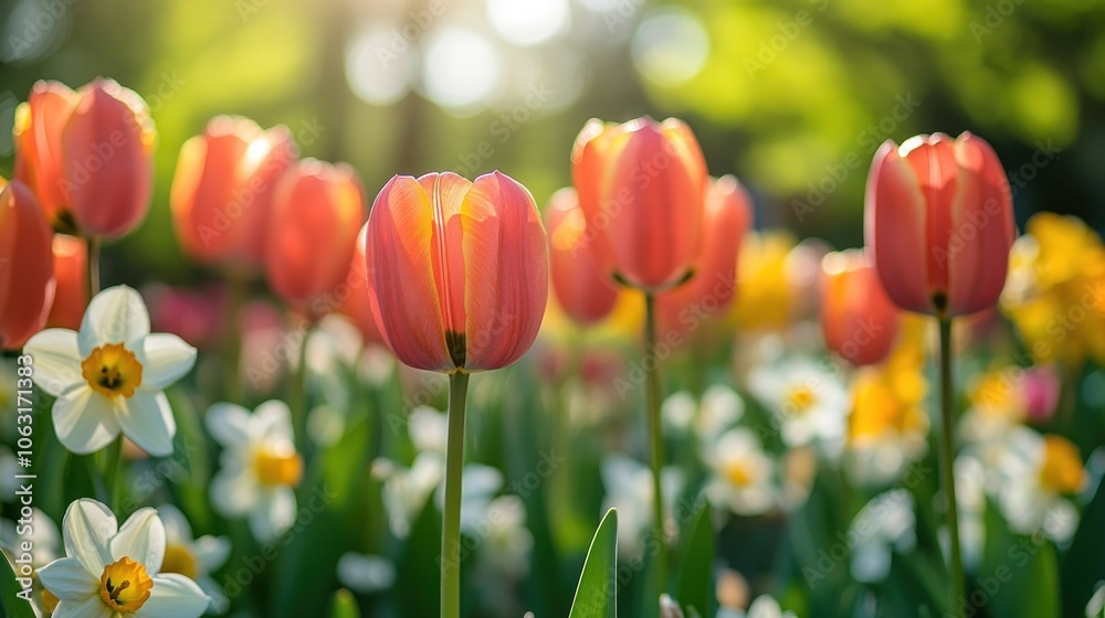 A garden filled with blossoming tulips and daffodils, creating a sea of colors with fresh green leaves in the background A garden filled with blossoming tulips and daffodils, creating a sea of colors with fresh green leaves in the background