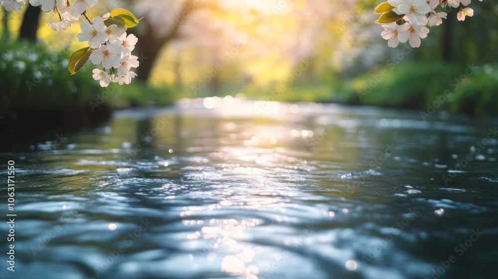 A gentle spring river flowing peacefully through a blooming garden, with soft ripples and reflections of cherry blossoms on the surface A gentle spring river flowing peacefully through a blooming garden, with soft ripples and reflections of cherry blossoms on the surface