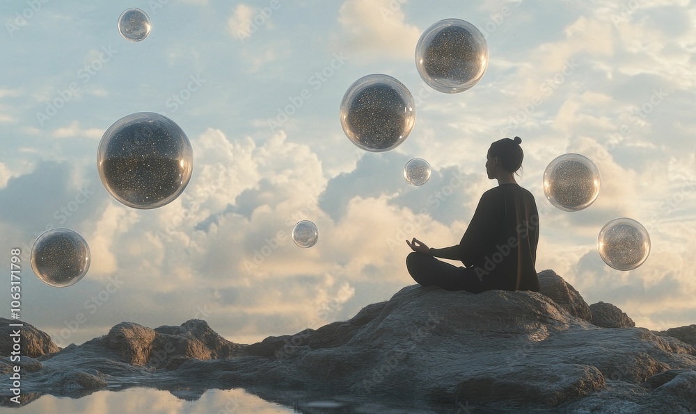Φωτογραφία Silhouette of a woman meditating on a rocky peak.