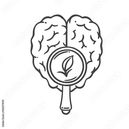 Brain and magnifying glass with leaf inside line icon. Outline hand drawn sketch of self exploration and development of sustainable eco thinking. Growth mascot, brain analysis icon vector illustration