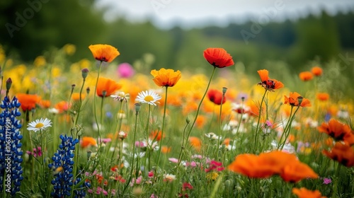 A hillside covered in wildflowers, with the vibrant colors of blooming daisies, poppies, and lupines filling the spring landscape photo