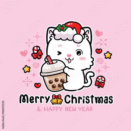Cute White Cat Wearing Santa Hat Hugging Bubble Milk Tea, Celebrate Christmas, Greeting Card