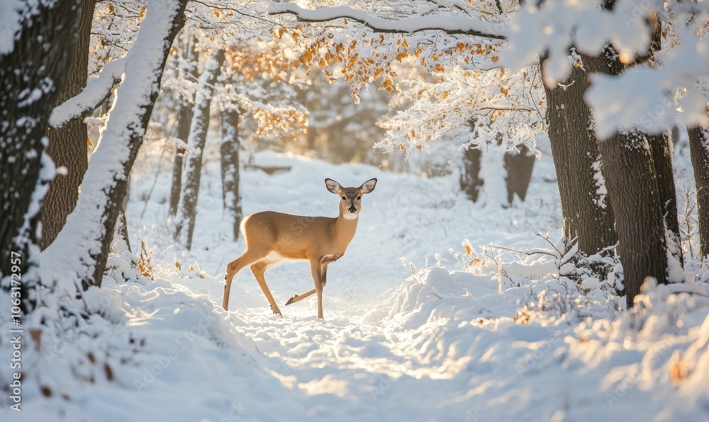 A deer stands in a snowy forest. A deer stands in a snowy forest.