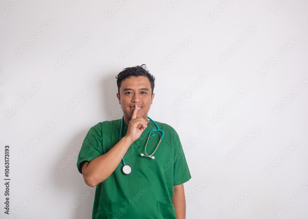 healthcare workers, pandemic concept. Cheerful, smiling male asian nurse in scrubs having secret, making surprise, showing shush gesture, shhh keep quiet, standing white background healthcare workers, pandemic concept. Cheerful, smiling male asian nurse in scrubs having secret, making surprise, showing shush gesture, shhh keep quiet, standing white background