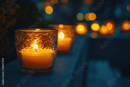 Close-up of Candles in Glass Lanterns at a Cemetery