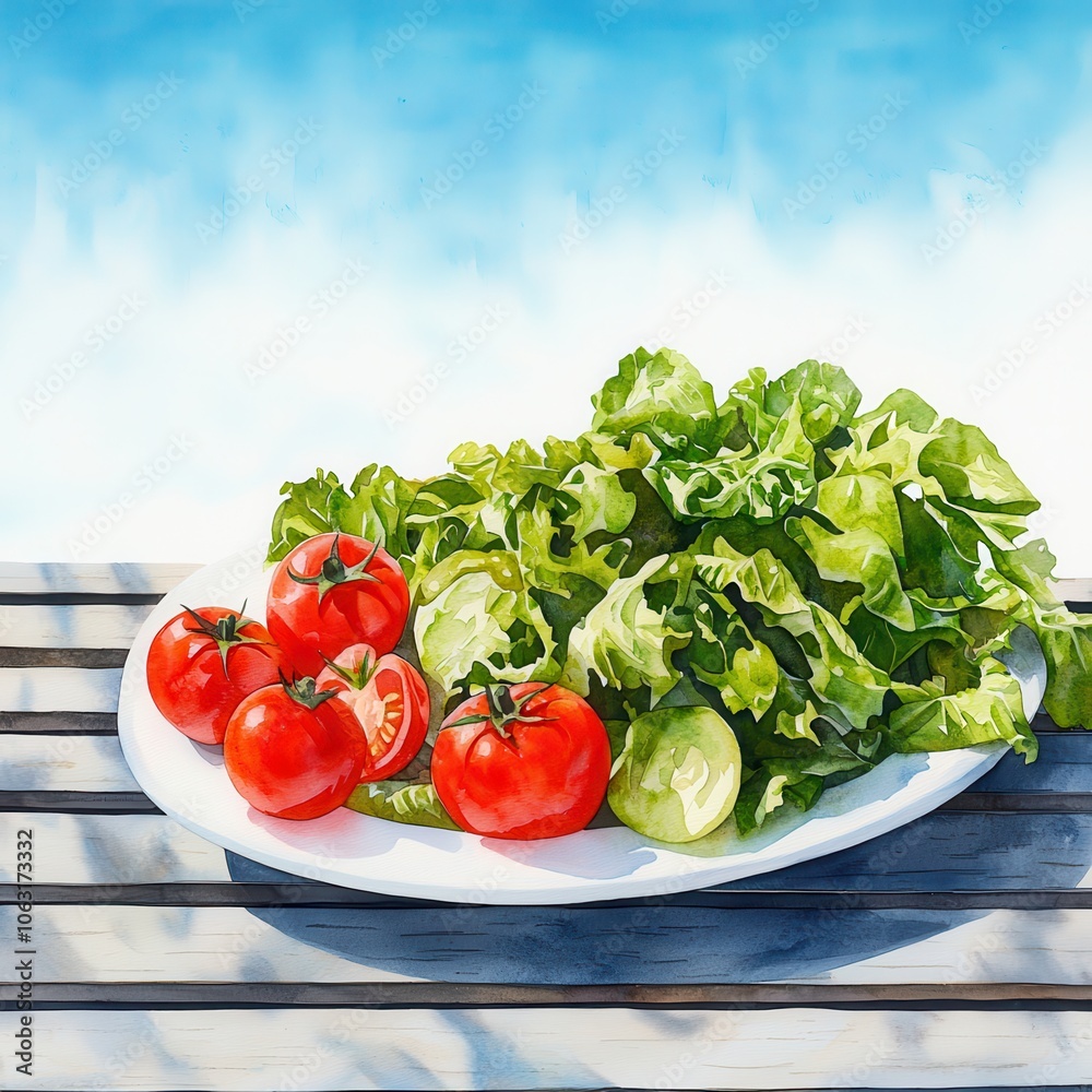 Fresh tomatoes and lettuce on a white plate, vibrant colors, clear blue sky background. Fresh tomatoes and lettuce on a white plate, vibrant colors, clear blue sky background.