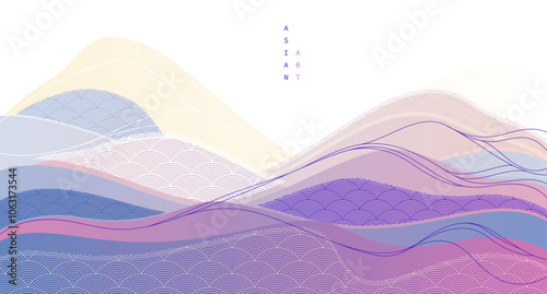 Abstract oriental Japanese art vector background, traditional style design, wavy shapes and mountains terrain landscape, runny like sea lines.