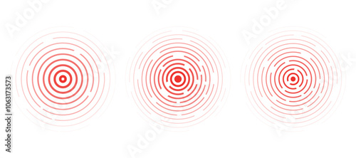Concentric ripple circles set. Seismic Earthquake alert radar. Radial signal, sonar wave, soundwave rings. touch effect or pulse