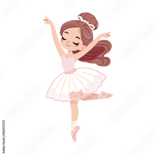 Pretty and gentle ballerina girl in white and pink dress dancing on white background. Poster, Banner, Flyer, Greeting Card. Vector illustration in flat cartoon style