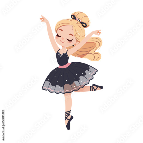 Pretty and gentle little ballerina girl in black and pink dress dancing on white background. Poster, Banner, Flyer, Greeting Card. Vector illustration in flat cartoon style