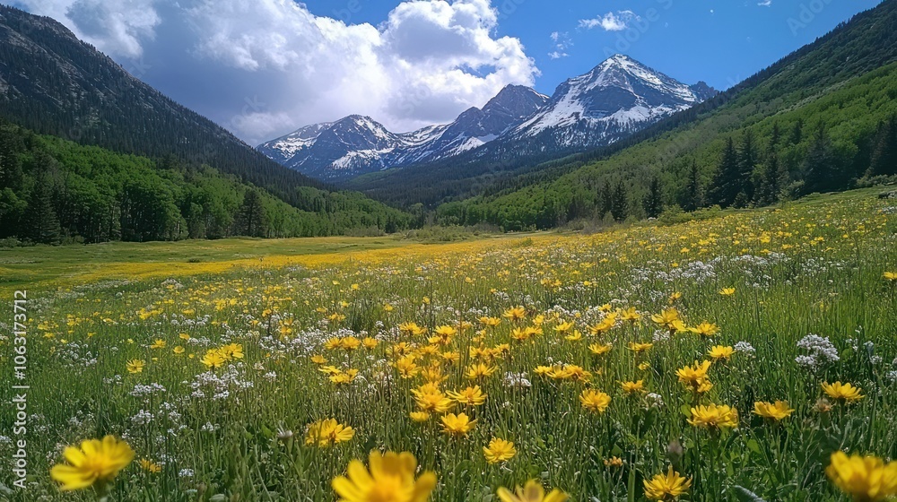 A mountain valley in spring, filled with fresh greenery and wildflowers with snow-capped peaks in the background A mountain valley in spring, filled with fresh greenery and wildflowers with snow-capped peaks in the background