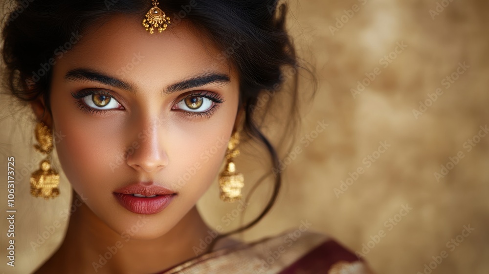 A young Indian woman with luminous eyes, her elegance highlighted A young Indian woman with luminous eyes, her elegance highlighted