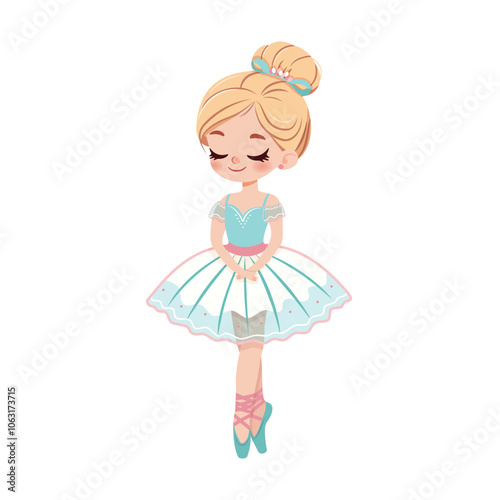 Pretty and gentle little ballerina girl in white, blue and pink dress dancing on white background. Poster, Banner, Flyer, Greeting Card. Vector illustration in flat cartoon style