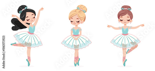 Set of different pretty ballerina in blue and pink dress dancing on white background. Poster, Banner, Flyer, Greeting Card. Vector illustration in flat cartoon style