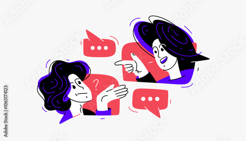 Couple of young people having conversation online via messenger, vector illustration of two people arguing and having communication, debate online speech boxes.