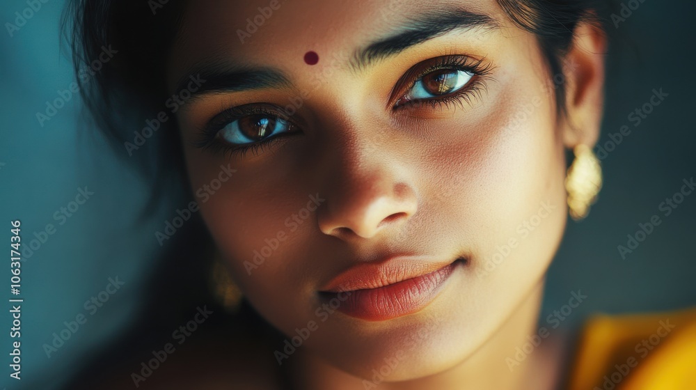 A young Indian woman with radiant eyes, looking softly A young Indian woman with radiant eyes, looking softly