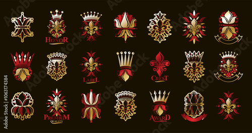 De Lis and crowns vintage heraldic emblems vector big set, antique heraldry symbolic badges and awards collection with lily flower symbol, classic style design elements, family emblems. photo