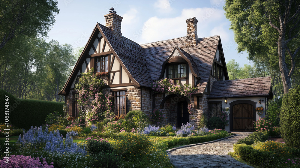 Angielski domek wiejski, otoczony malowniczymi łąkami, zachwyca swoją architekturą.