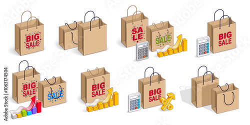 Shop retail sale vector 3D illustrations set isolated on white background, shopping bags with money and other elements, store discount, Black Friday concept, clearance.