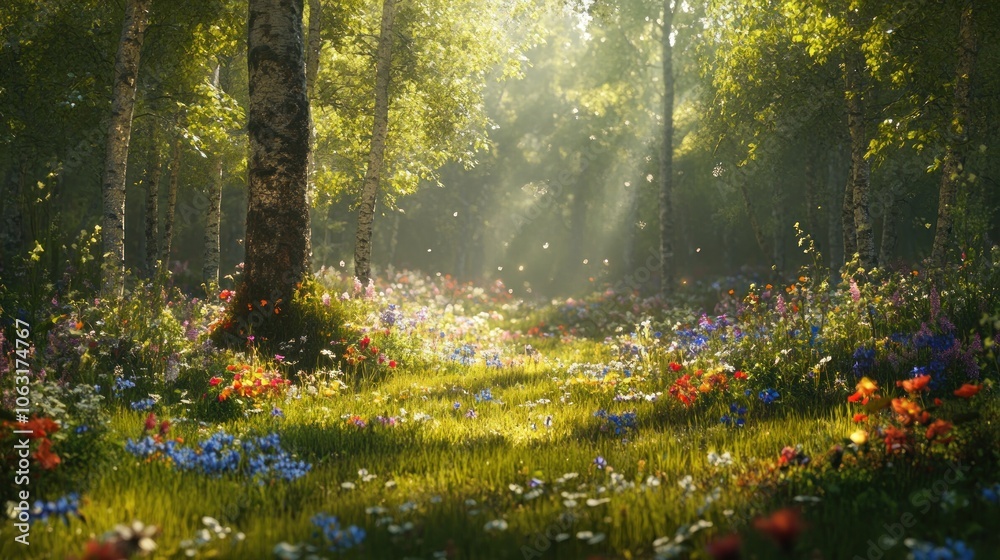 Obraz premium A peaceful spring forest filled with blooming wildflowers and a soft breeze rustling through the new leaves