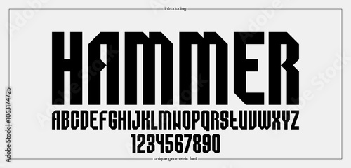 Urban massive geometric font for logos and emblems, minimal strong vector typeface, typography with no round elements, only corners and straight lines geometry.