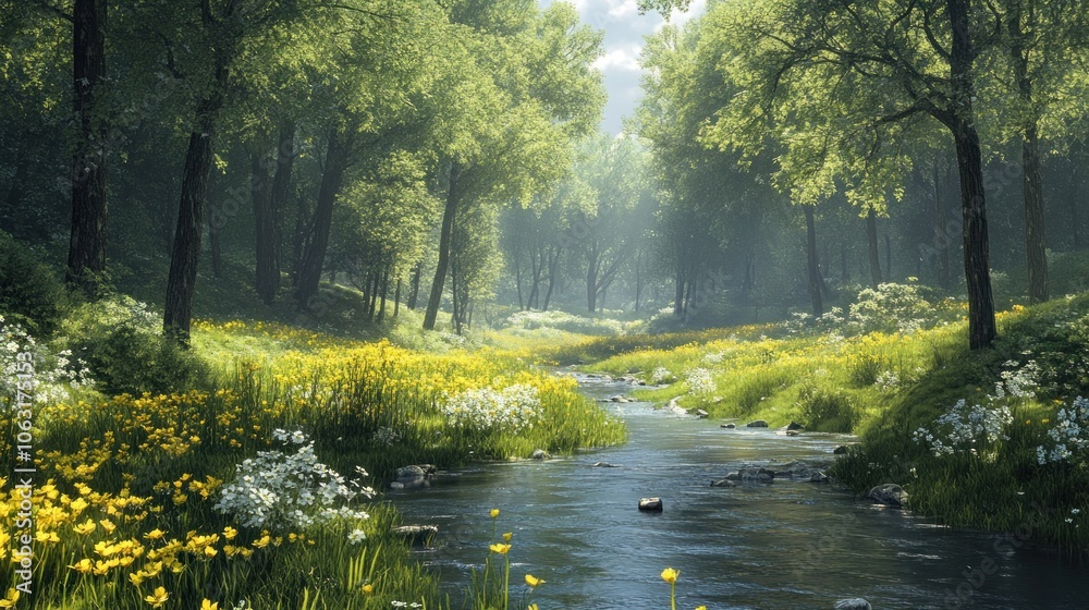 A peaceful spring valley filled with lush green grass, trees, and blooming flowers, with a clear stream flowing through A peaceful spring valley filled with lush green grass, trees, and blooming flowers, with a clear stream flowing through
