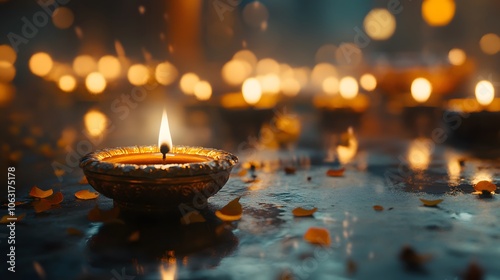 A Single Lit Diya Amidst a Field of Blurred Lights