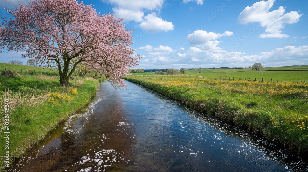 A picturesque countryside in spring, with blooming cherry blossoms lining a peaceful river A picturesque countryside in spring, with blooming cherry blossoms lining a peaceful river