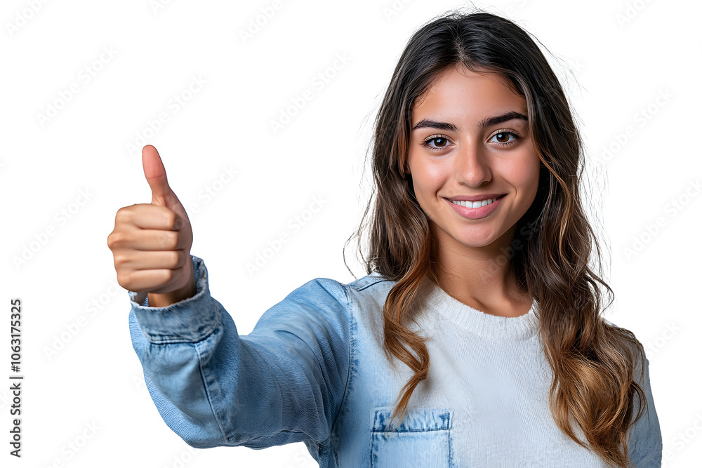 Young Uruguayan woman over isolated background holding copyspace imaginary on the palm to insert an ad and with thumbs up