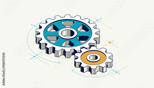 Engineer education concept, gears and cogs composition isometric 3D vector illustration, study science in university, engineering learning.