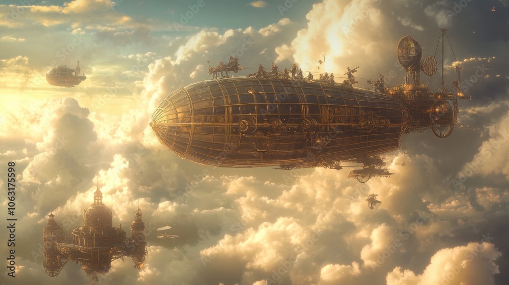 Airship Adventure: A majestic airship gliding through the clouds, Airship Adventure: A majestic airship gliding through the clouds,